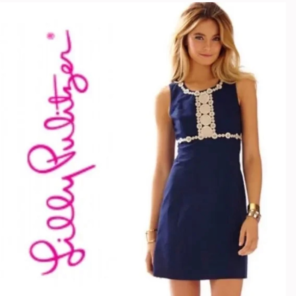 🌟💙 Lilly Pulitzer Rosie Shift Dress Navy Gold Lace Size 00
